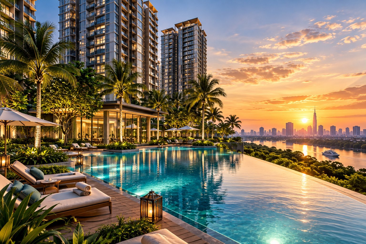 Ảnh minh họa hồ bơi, cảnh quan và các khối căn hộ lúc hoàng hôn