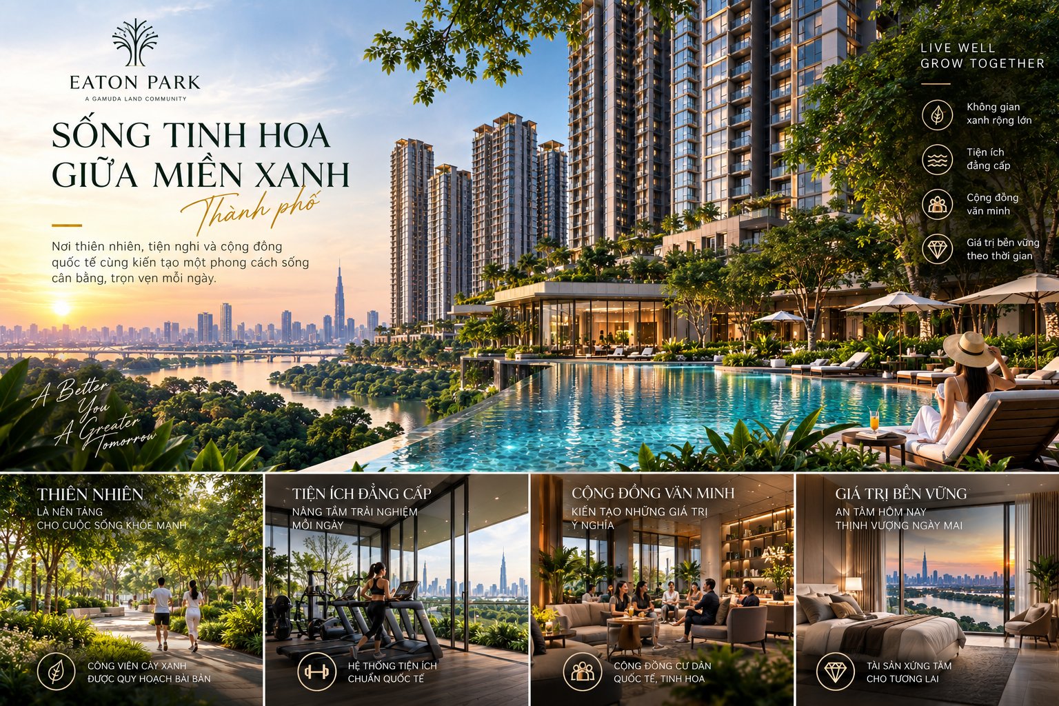 Ảnh minh họa cảnh quan xanh, hồ bơi, phòng tập và không gian cộng đồng