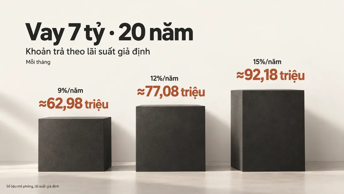 Khoản trả hàng tháng khi vay 7 tỷ trong 20 năm ở lãi suất 9%, 12%, 15%