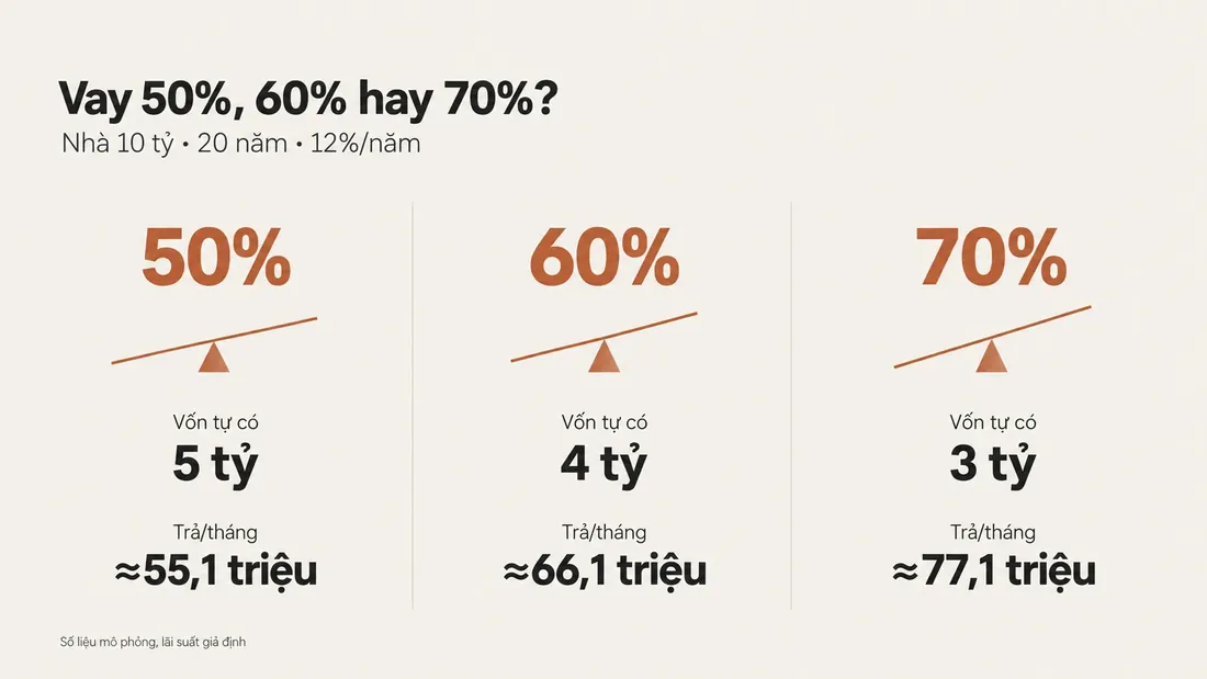 So sánh vay 50%, 60%, 70% giá trị bất động sản và khoản trả hàng tháng tương ứng