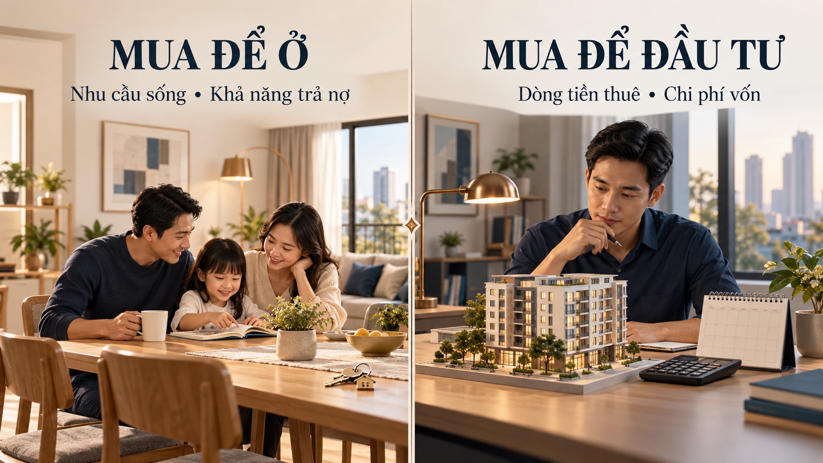 Mua nhà để ở chú trọng nhu cầu sống và khả năng trả nợ; mua đầu tư chú trọng dòng tiền thuê và chi phí vốn